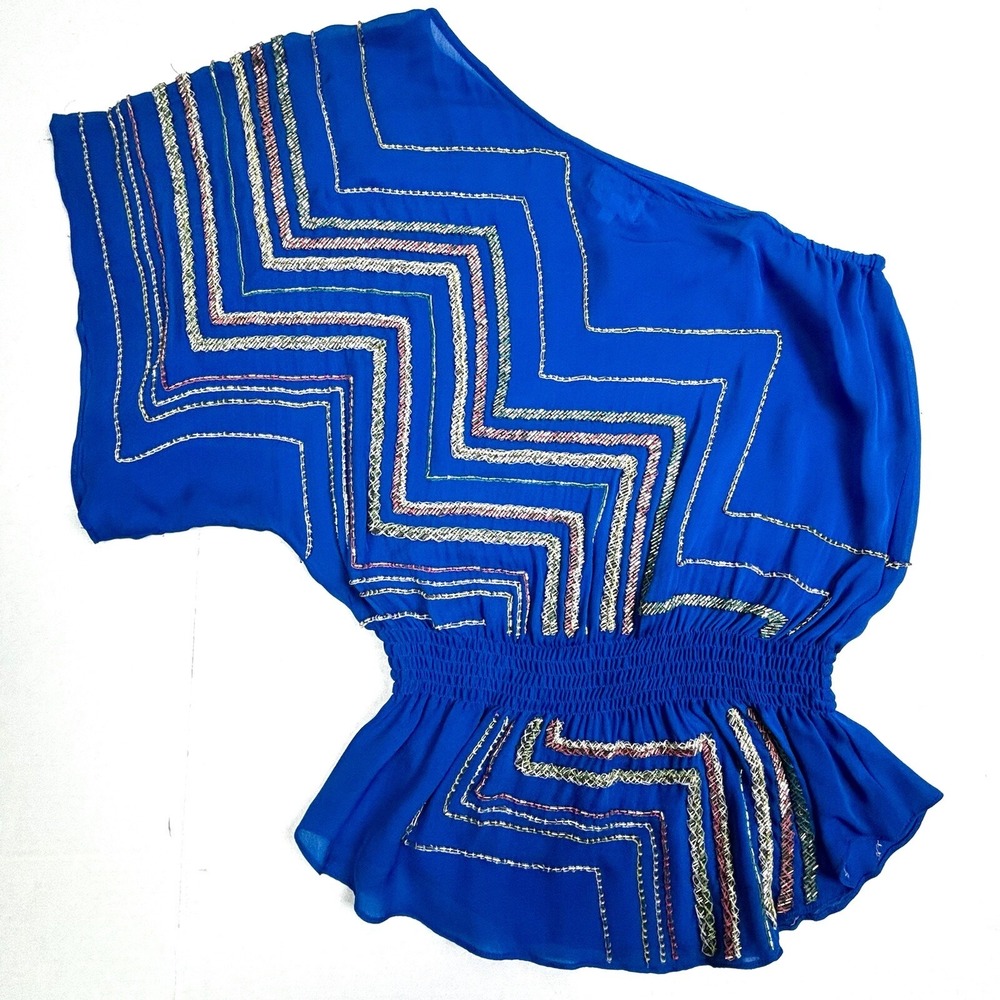Parker Y2K 100% Silk Full Beaded Blouse Top Blue XS Peplum One Shoulder NWOT